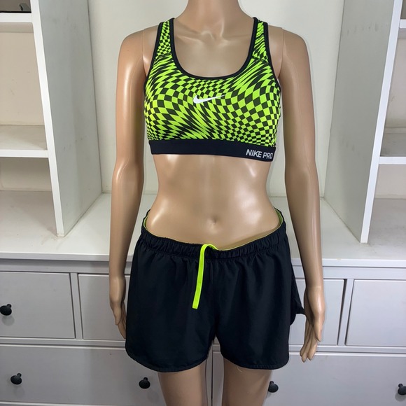 Nike Other - Nike Pro Women's Sports Bra & Running Shorts Set Neon Checkered Black Size M